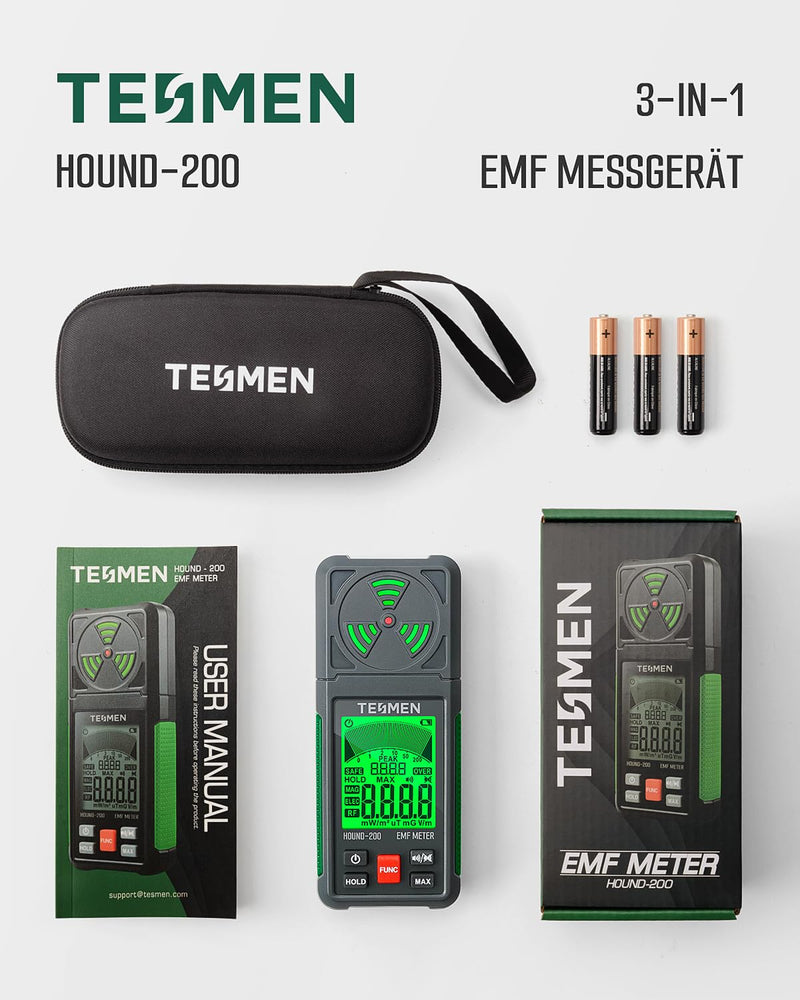 TESMEN HOUND-200 EMF Meter, 3-in-1 Portable Electromagnetic Field Radiation Detector for EF RF MF, WiFi Signal, Used in Home and Outdoor EMF Inspection and Ghost Hunting - Green