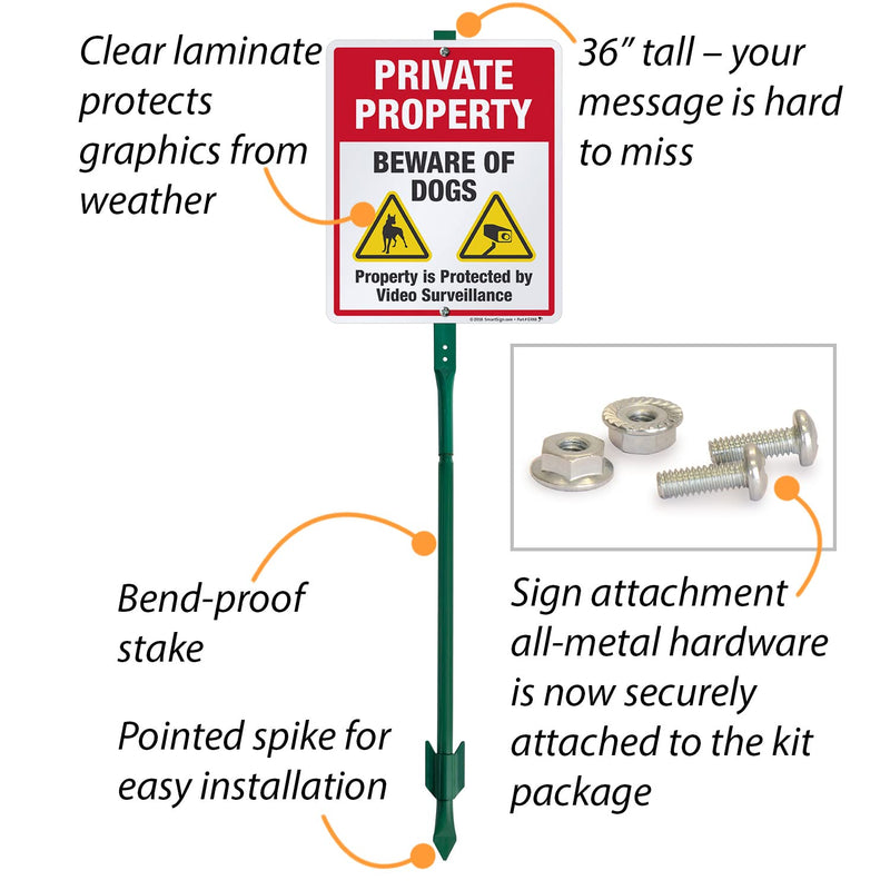 SmartSign 12 x 10 inch “Private Property - Beware Of Dogs, Property Protected By Video Surveillance” Yard Sign with 3 foot Stake, 40 mil Laminated Rustproof Aluminum, Multicolor, Set of 1 Aluminum Sign with 3' Stake