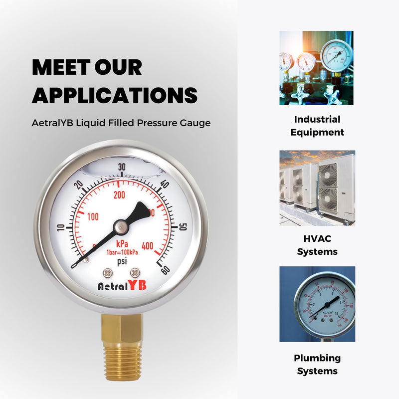 [Australia - AusPower] - 0-60 Psi Glycerin-Filled Pressure Gauge, 2-Inch Gauge, Stainless Steel, 1/4" NPT Lower Mount,400kPa Pressure Gauge for Pool Pump, Sand Filter, Air Compressor, and Well Water Systems 0-60PSI 