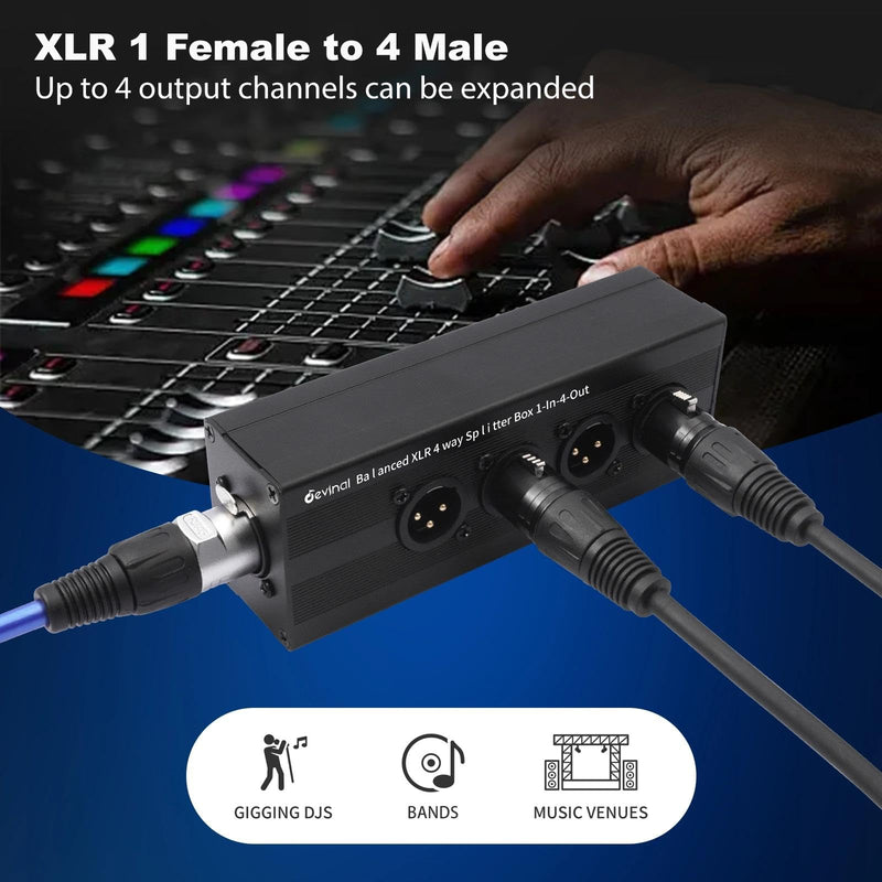 Devinal 1-IN-4-OUT XLR Audio Splitter Box ; XLR 1 Female to 4 Male Balanced Converter ; 4-Way Stereo Passive Audio Cable