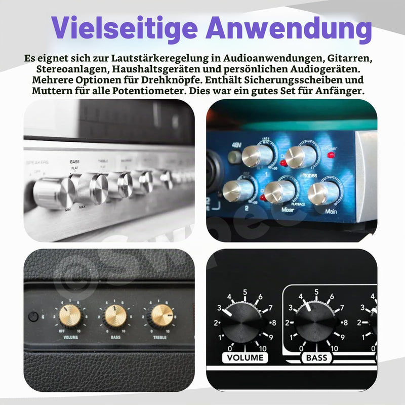 Swpeet 32pcs 8 Type B1K 5K 10K 50K 100K 250K 500K 1M Ohm 6 Pins Split Shaft Rotary Linear Dual Cone Audio B Type Potentiometer with 3 Types Aluminum Alloy Knob (WH148) and Washers