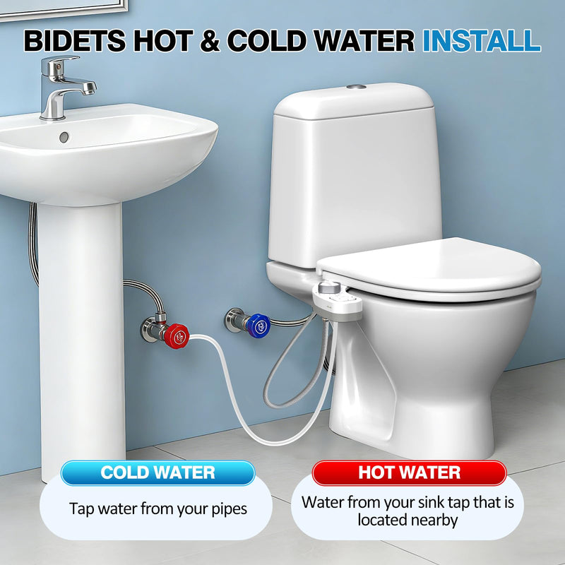Non-Electric Bidet Attachment for Toilet, Ultra Slim Hot & Cold Water Bidet with Self-Cleaning Nozzle, Adjustable Water Pressure, Warm Water Feminine & Rear Wash (Requires Hot Water Line)