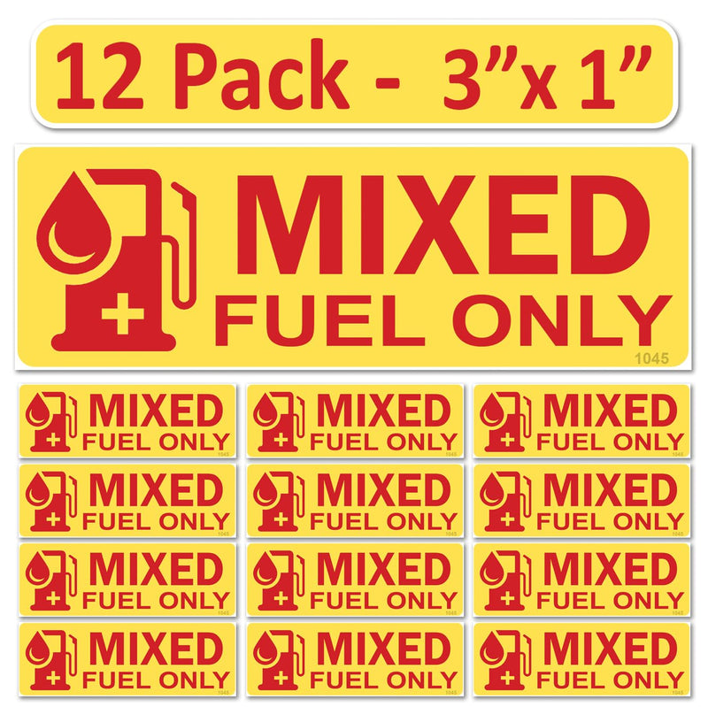 12 Pack Mixed Fuel Only Stickers - 3"x1" Fuel Identification Labels - Weatherproof, UV-Resistant Vinyl for Fuel Tanks, Tractors, Excavators, Construction Equipment 3"x1" 12 Pack