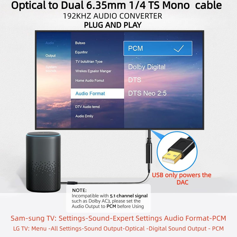 192KHz DAC Optical to Dual 6.35mm Converter,Optical Audio Cable to Dual 6.35mm 1/4" TS Mono Audio Adapter,Digital to Analog Audio Converter for HDTV,DVD,Set-top Boxes(O-ptical to 1/4" Only) Cable -6FT 6.FT