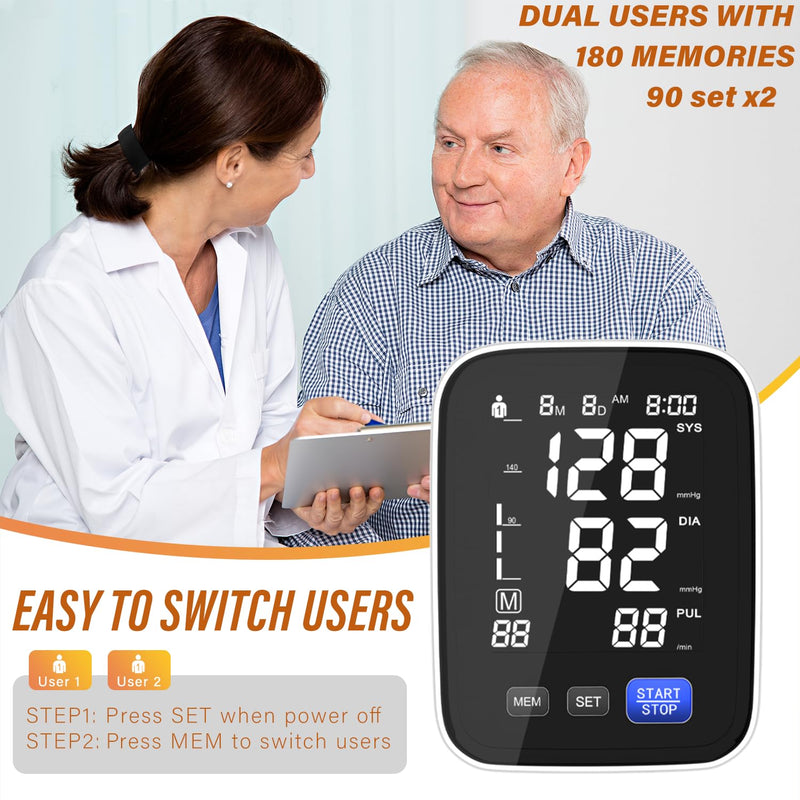 [Australia - AusPower] - Automatic Upper Arm Blood Pressure Monitor, Dual User 2x90 Memories Digital Blood Pressure Machine with (8.5"-16.5") Cuff Size, BP Monitor with 4*AAA Batteries & DC Cable 