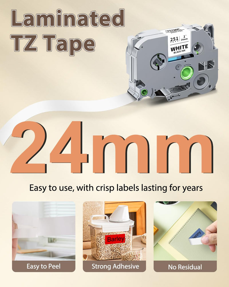 [Australia - AusPower] - 24mm 0.94 Laminated TZ Tape Clear/White/Red/Blue/Yellow/Green Compatible with Brother P Touch Label Tape 1" TZe-251 151 451 551 651 751 for PTouch D600 E500 P700 P710BT D410 D460BT D610BT, 6-Pack Black on Clear/White/Red/Blue/Yellow/Green 