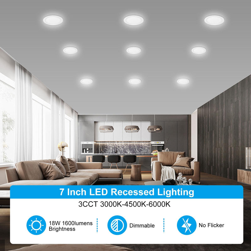 [Australia - AusPower] - 7 Inch 3CCT Ultra-Thin LED Recessed Light with Junction Box, 3000K/4500K/6000K Selectable, 18W Eqv 125W, Dimmable Canless Downlight, 1600LM High Brightness 1 Pack 