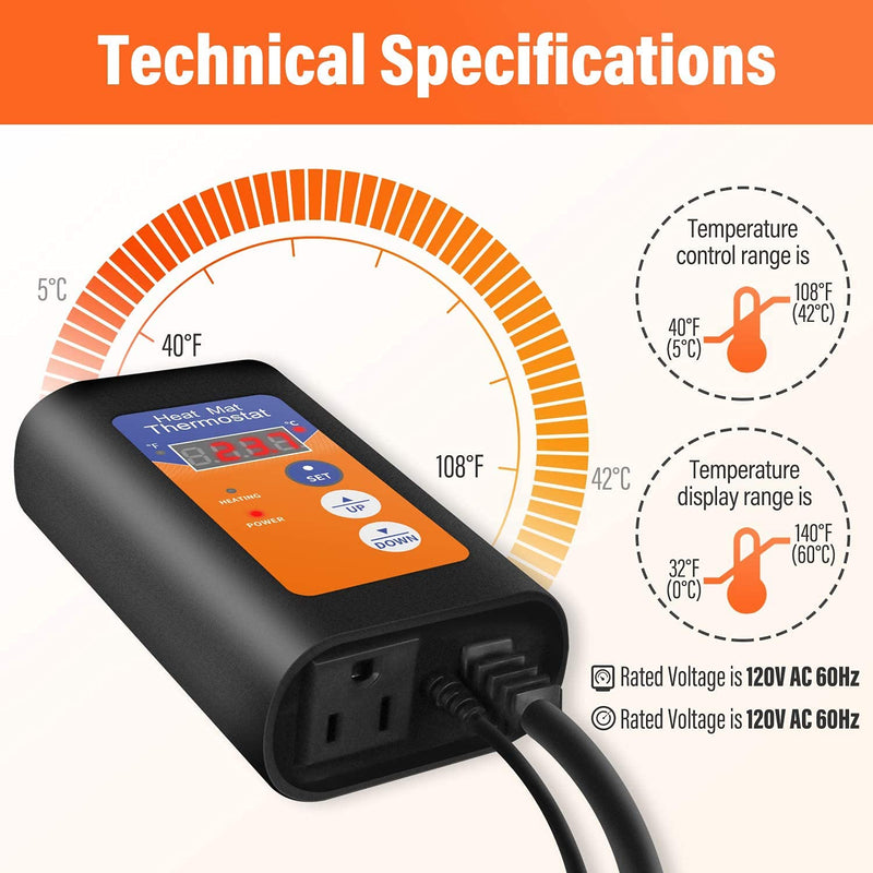 [Australia - AusPower] - iPower Digital Heat Mat Thermostat Controller for Seed Germination, Reptiles and Brewing Breeding Incubation Greenhouse, 40-108°F, 8.3A 1000W 1000W-Orange 1 Pack 