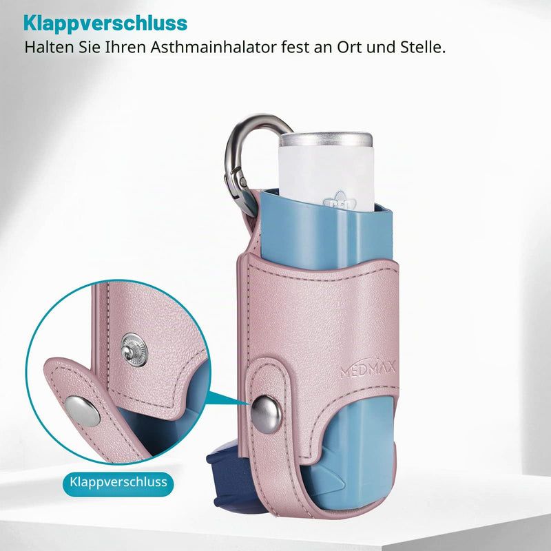 Medmax Asthma Inhaler Holder | Faux leather case holster, lightweight carry bag with carabiner hook, holder compatible with Ventolin inhaler, (case only) Rose Gold