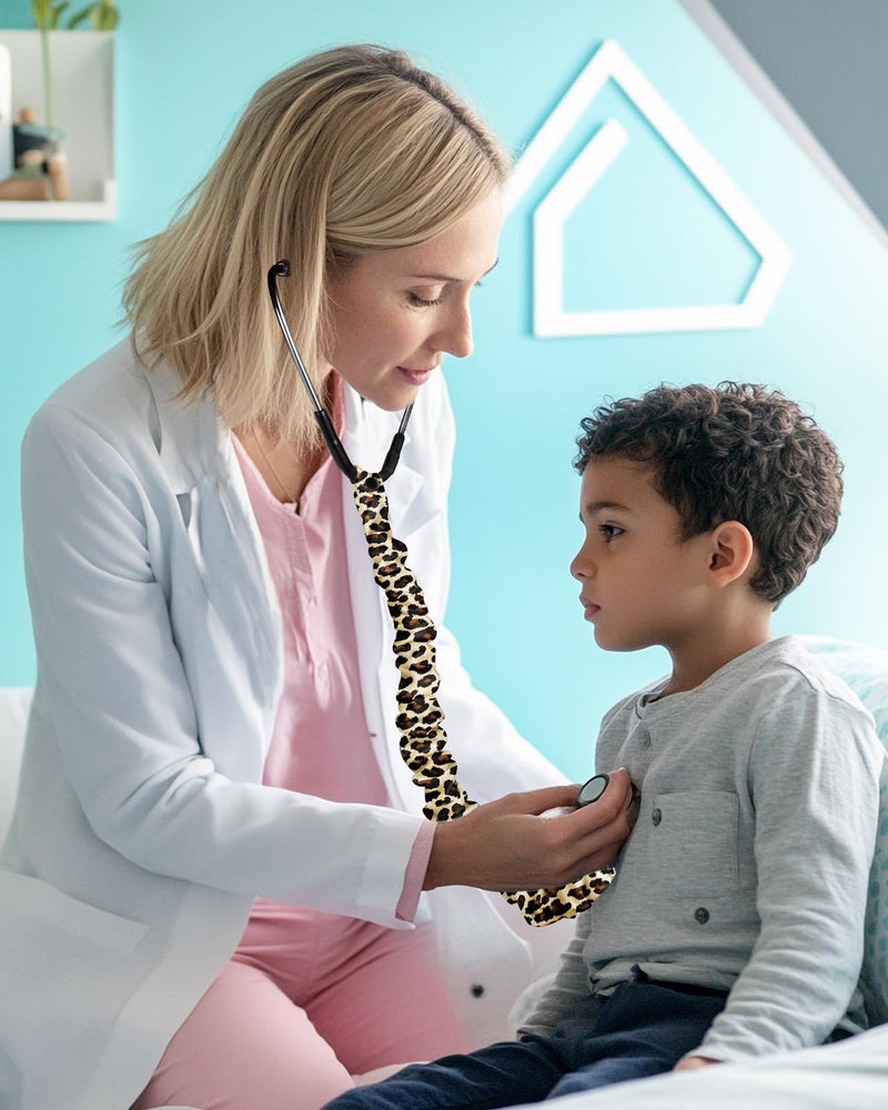 [Australia - AusPower] - Plifal Elastic Stethoscope Cover Sleeve for Nurse Doctors Cuff Accessories - Leopard Print Pleated Design, Fits Most Dual-head Removable & Single-head Stethoscopes, Comes with Diaphragms and Earplugs brown 