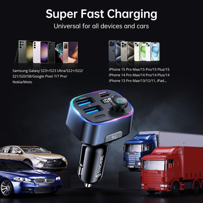 [Australia - AusPower] - Syncwire Bluetooth 5.3 FM Transmitter Car Adapter 48W(PD 36W & 12W) [Light Switch] [Hi-Fi Deep Bass] [Fast Charging] Wireless Radio Music Adapter LED Display Hands-Free Calling Support USB Drive Dark Blue 