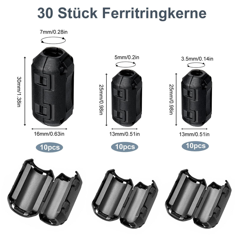 Ferrite Cores for Cables, 3.5 mm, 5 mm, 7 mm Inner Diameter, Pack of 30 | Clip-on Ferrite Core, EMI Noise Reducer Cable Clip for USB Cable Audio and Video Cable Power Cable