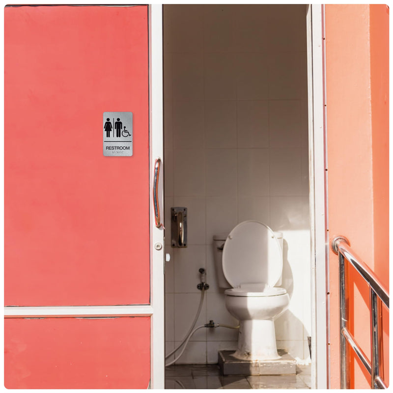 ADA Braille Unisex Handicap Restroom Signs for Business with Double Sided 3M Tape (Pack of 4) - Aluminum Handicap Unisex Bathroom Sign 9” x 6” for Offices and Restaurants Unisex Handicap Aluminum Pack of 4