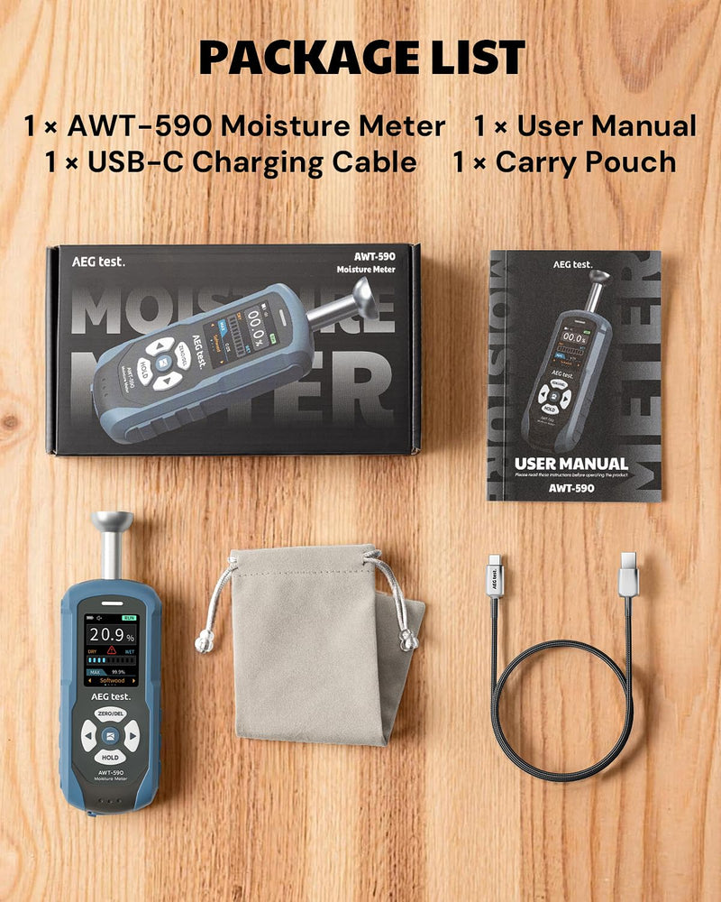 AWT-590 Rechargeable Pinless Moisture Meter for Wood, Drywall & Masonry, Wood Moisture Meter with Adjustable Alarm, Data Records, Non-Invasive Hemispherical Water Leak Detector for Home