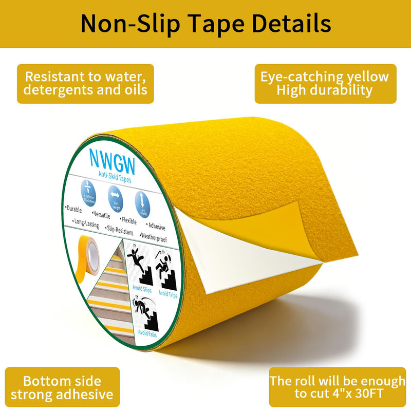 Anti Slip Tape 4" x 30FT, Dark Yellow Heavy Duty Waterproof Non-Slip Safety Traction Grip Tape for Indoor Outdoor Stairs, Steps, Ramps, Walkways and Pool 4 IN