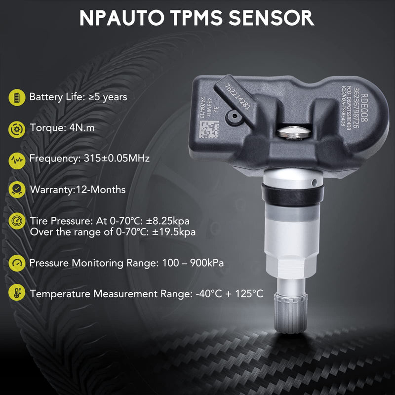 [Australia - AusPower] - NPAUTO TPMS Sensor Compatible with BMW 335i 528i 328i M3 M6 X3 X5 Z4 Series 1 3 5 6 7 Mini Rolls-Royce & More, 4-Pack Tire Pressure Monitoring System Sensors Replace# 36236798726, 36236771034, 433Mhz 