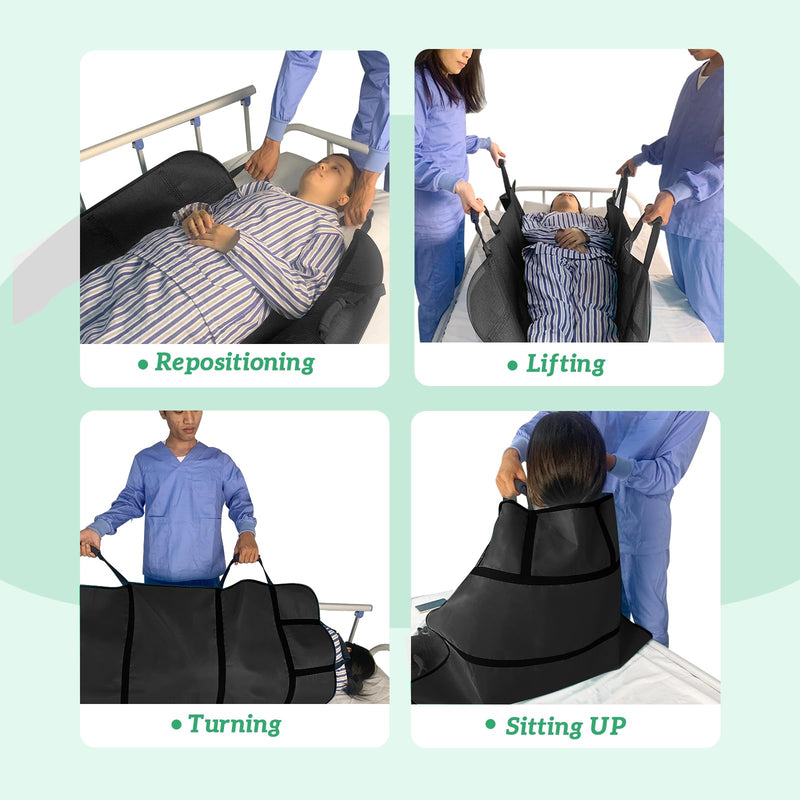 [Australia - AusPower] - Positioning Bed Pads for Elderly 48 * 40 inch Washable Transfer Sheet Seniors 8 Soft Handles Patient Pull Sheets Aid Moving,Lifting,Turning,Nursing Bedridden Reusable Transfer Blanket,Black Black 
