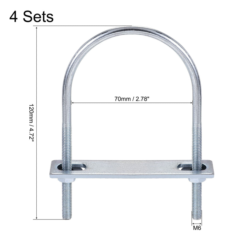[Australia - AusPower] - uxcell Round U-Bolts 4 Sets 2.76"(70mm) Inner Width 120mm Length Steel M6 with Nut, Plate, Washer 