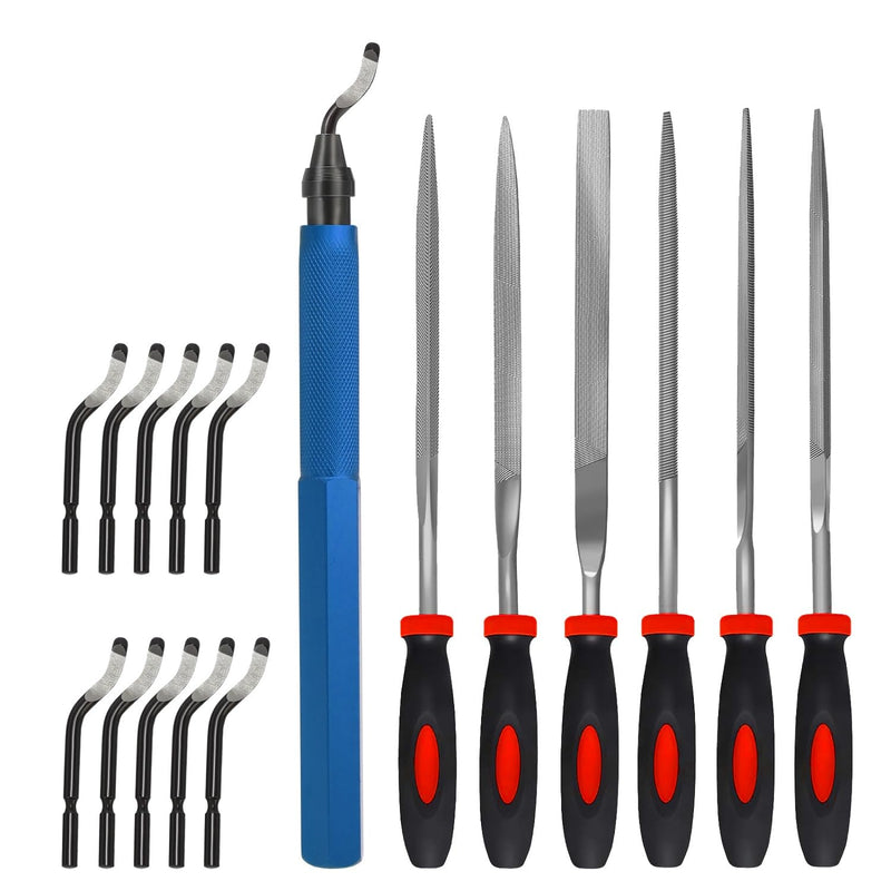 Deburring Tool Kit,with 6Pcs Needle Files. 6-1/2" Metal Handle Chamfer Tool for Resin Aluminum Brass Plastic Pipes Tube Hole 3D Art with Extra 10 HSS Blades Deburr w/6 Files