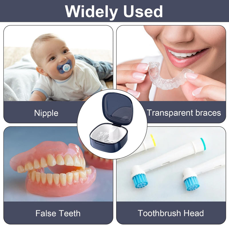 Denture Box with Strainer, Portable Denture Box Cover for Dentures and Braces with Removable Soaking Basket | Rinses and dries dentures without hand contact. Lightweight for handbag or toiletry bag. Protects braces from dust...