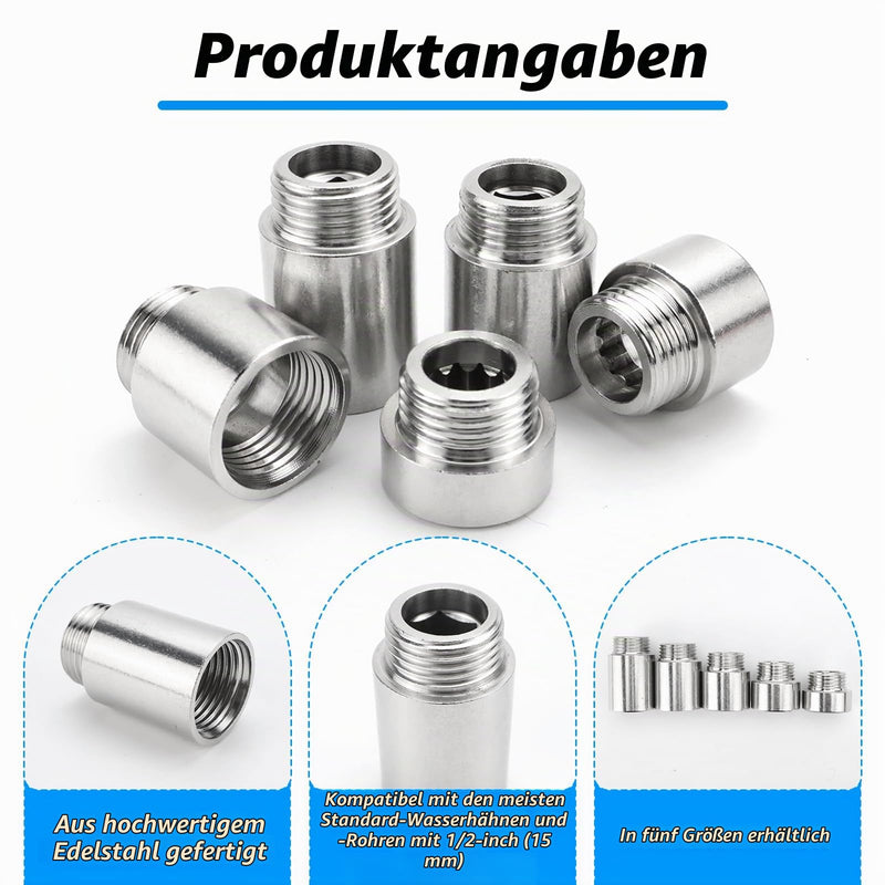 5 Piece Tap Extension 1/2 Inch, Tap Extension 10/15/20/25/30 mm, Stainless Steel Extension Fitting, Water Connection Extension, Thread Fitting for Taps, Corner Valves, Shower Heads