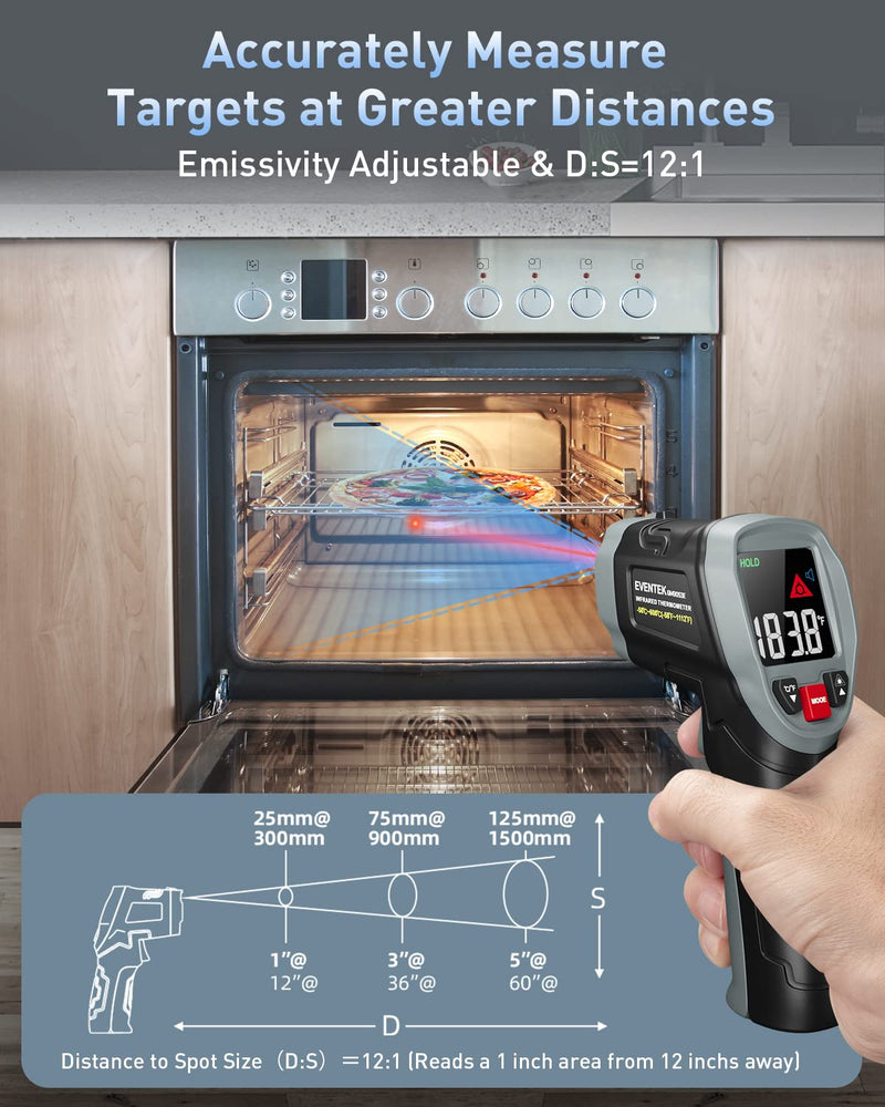 [Australia - AusPower] - Eventek Infrared Thermometer Gun, [3 in 1] -58°F~1112°F (-50°C~600°C) Digital Laser Temperature Gun for Cooking, Pizza Oven, Grill & Engine with Adjustable Emissivity, Meat Thermometer & Bag Included 