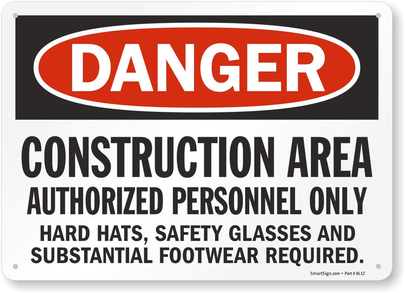 SmartSign - S-8968-Pl-14 "Danger - Construction Area, Authorized Personnel Only" Sign | 10" x 14" Plastic Black/Red on White 10" x 14"