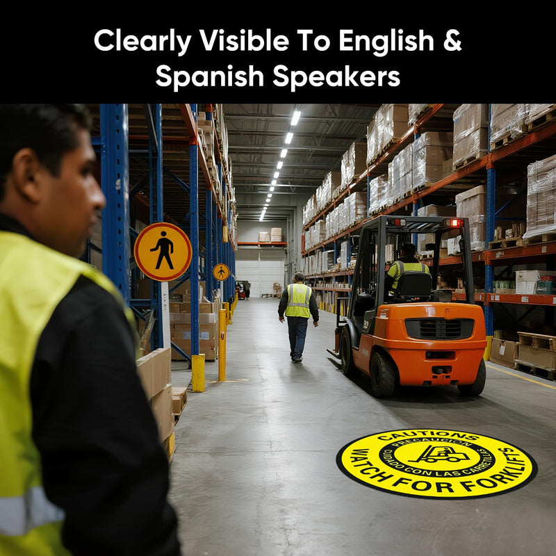 Caution Watch for Forklift Floor Sign – 5 Pack 16 Inch Round Vinyl Decals, Bilingual English/Spanish, Anti-Slip, Removable, Waterproof, UV Protected, High Visibility Safety Sticker for Warehouse, Work Site, Office, Factory