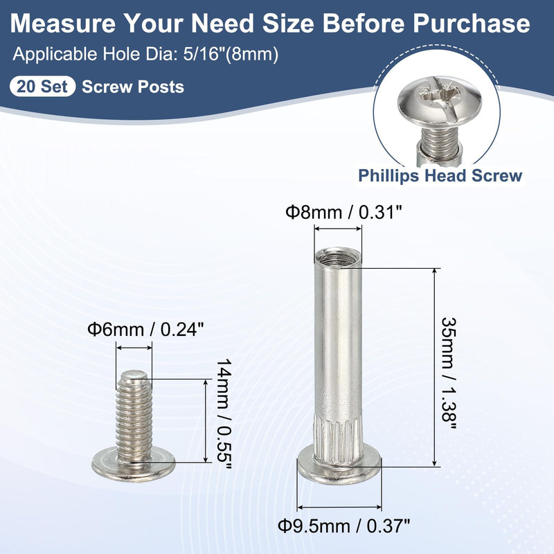 [Australia - AusPower] - PATIKIL Binding Screw Posts, 20 Set Screw Posts Fit for 5/16"(8mm) Hole Dia Female M8 x 35mm Carbon Steel Binding Bolts Nut for Leather Scrapbook DIY 