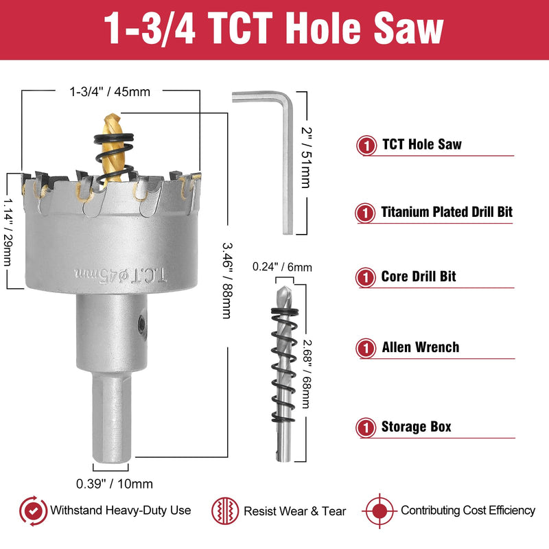 1-3/4 Inch Carbide Hole Saw with Titanium Plated Center Drill Bit, Heavy Duty TCT Hole Saw Metal Hole Cutter for Stainless Steel Iron Copper Brass Aluminum Alloy 1-3/4" / 45mm