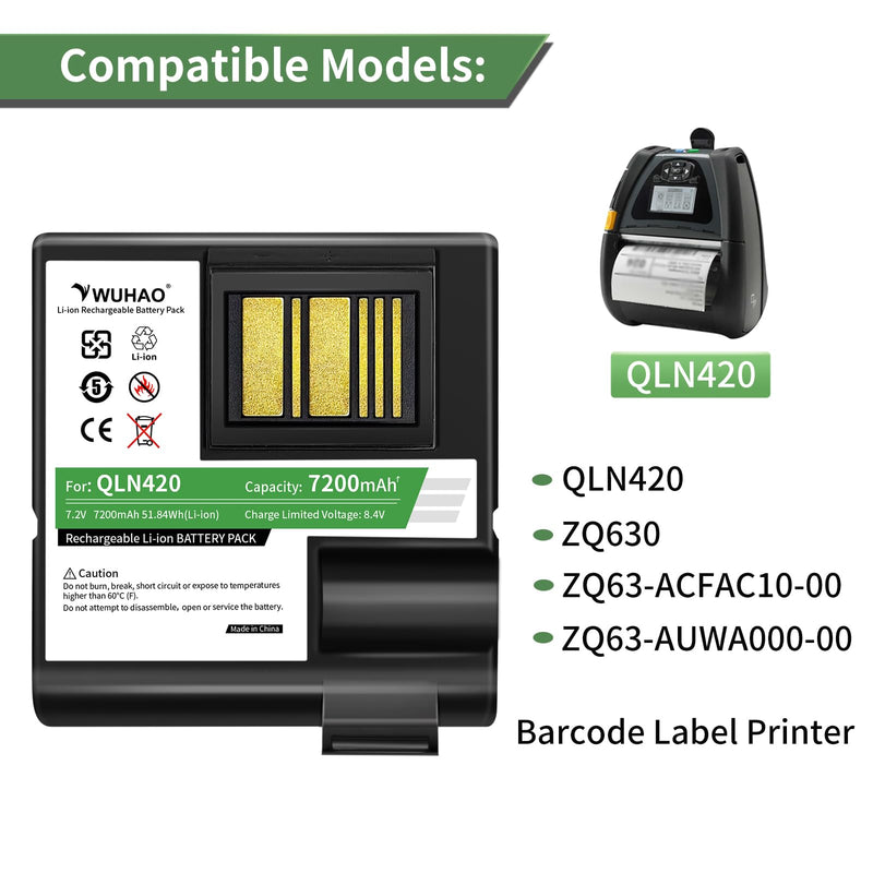 [Australia - AusPower] - WUHAO QLN420 ZQ630 Battery Upgraded 7200mAh for Zebra QLN420 ZQ630 ZQ63-AUWA000-00 ZQ63-ACFAC10-00 Barcode Label Printer Replacement Battery P1050667-016 BTRY-MPP-68MA1-01 