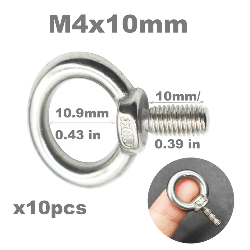 [Australia - AusPower] - Stainless M4 Eyebolt 0.39"(10mm) Long Male Ring Threaded Screw Lifting Shoulder Eye Bolts with Nuts Washers,10 PCS M4*10mm(0.39")-10PCS 