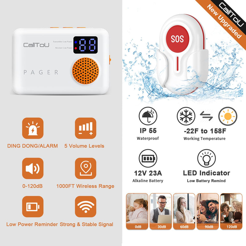 [Australia - AusPower] - CallToU Caregiver Pager Wireless Call Button 1000FT for Elderly Monitoring Vibration Call Bell Medical Alert System with Digital Display Low Power Reminder 2 Portable Receiver 2 SOS Call Button 2 Call Button + 2 Receiver 