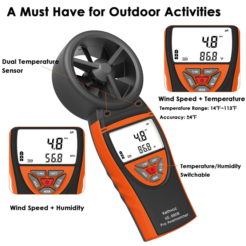 [Australia - AusPower] - Handheld Vane Anemometer Air Flow Tester, Kethvoz Digital Wind Speed Meter Measure Air Velocity 0.3~30m/s, Test Temperature Humidity, Portable Carrying Case Included 