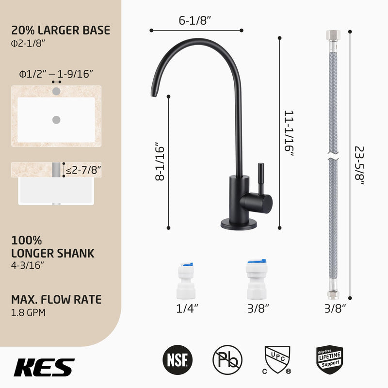 KES NSF Certified Reverse Osmosis Faucet, RO Lead-Free Water Filter Faucet Drinking Water Faucets Kitchen Faucet Non-Air-Gap 304 Stainless Steel Matte Black, Z504CLFF18-BK