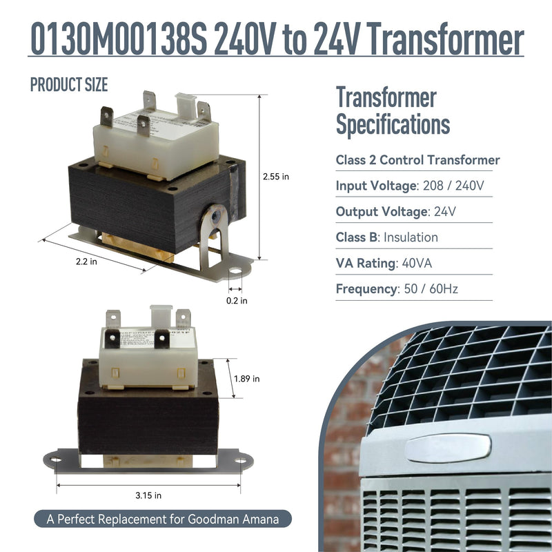 [Australia - AusPower] - 0130M00138S 240V to 24V Transformer, Compatible with Goodman Amana 40VA HVAC Furnace Transformer, 208/240V to 24V Class 2 Control, HVAC Parts Replaces B1141643 PF40224 L38264 4021F with Foot Mount 