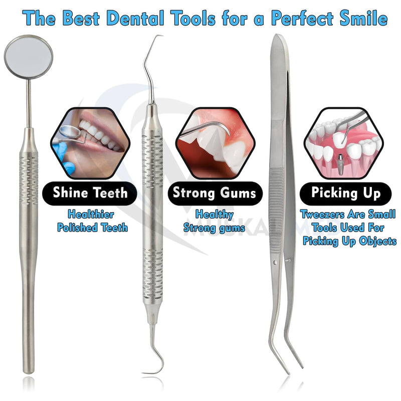[Australia - AusPower] - Set of 3 Instruments Basic Dental Set Mirror Explorer College Cotton Plier Hollow Handle Dental Instruments (Silver) DN-2512 Silver Set of 3 
