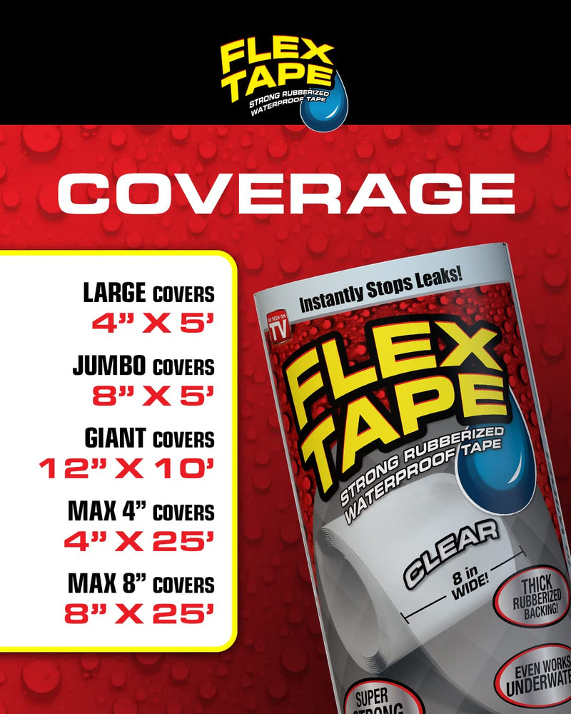 Flex Tape, Original Thick Flexible Rubberized Waterproof Tape - Seal and Patch Leaks, Works Underwater, Indoor Outdoor - Home RV Roof Plumbing and Pool Repairs, Black, 8 in x 5 ft, Pack of 2