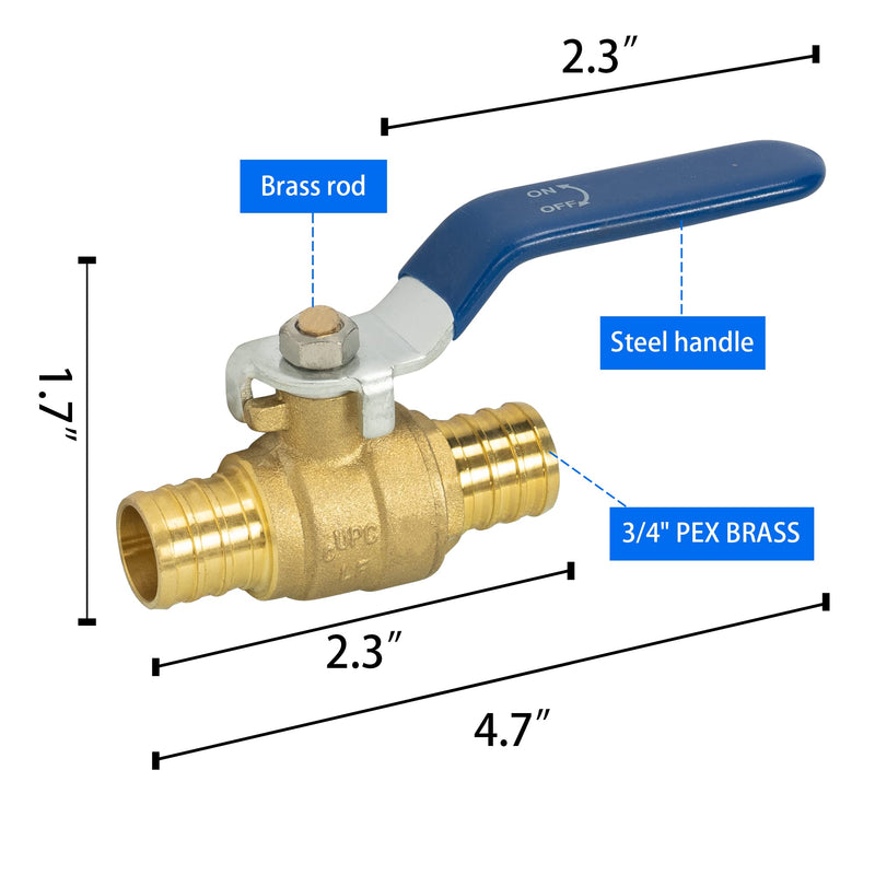 Hourleey 2 Pieces 3/4 Inch Pex Brass Full Port Shut Off Ball Valve Hot and Cold, Quarter Turn HOT (RED) COLD (BLUE) of Brass Water Stop Shut Off, 1 Piece Each 3/4" x 2 Pack