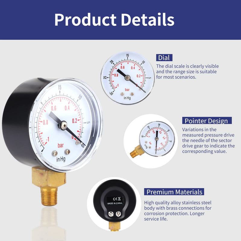 [Australia - AusPower] - Vacuum Gauge 1/8 BSPT Vacuum Pressure Gauge, Vacuum Gauge, Synchronous Tester, 50 mm Dial Gauge 1-0 Bar -30-0inHg Dual Scale Pressure Gauge, Vacuum Gauge, Vacuum Gauge for Measuring Water, Oil, Air or 
