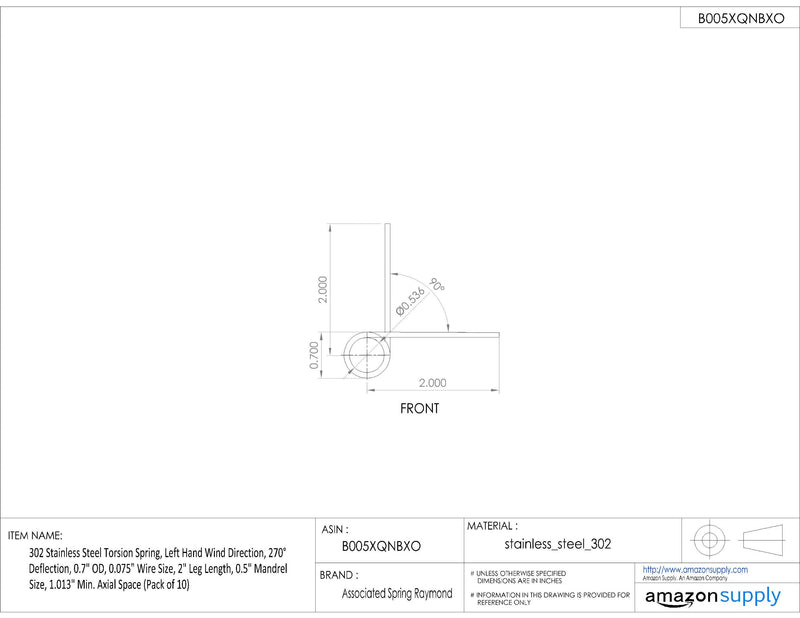 [Australia - AusPower] - 302 Stainless Steel Torsion Spring, Left Hand Wind Direction, 270° Deflection, 0.7" OD, 0.075" Wire Size, 2" Leg Length, 0.5" Mandrel Size, 1.013" Min. Axial Space (Pack of 10) 