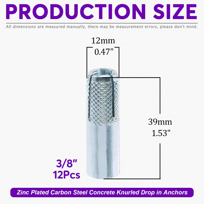 [Australia - AusPower] - Swpeet 12Pcs 3/8 Inch Premium Zinc Plated Carbon Steel Concrete Knurled Drop in Anchors Assortment Kit, Expansion Screws Internal Forced Expansion Bolts for Solid Concrete 