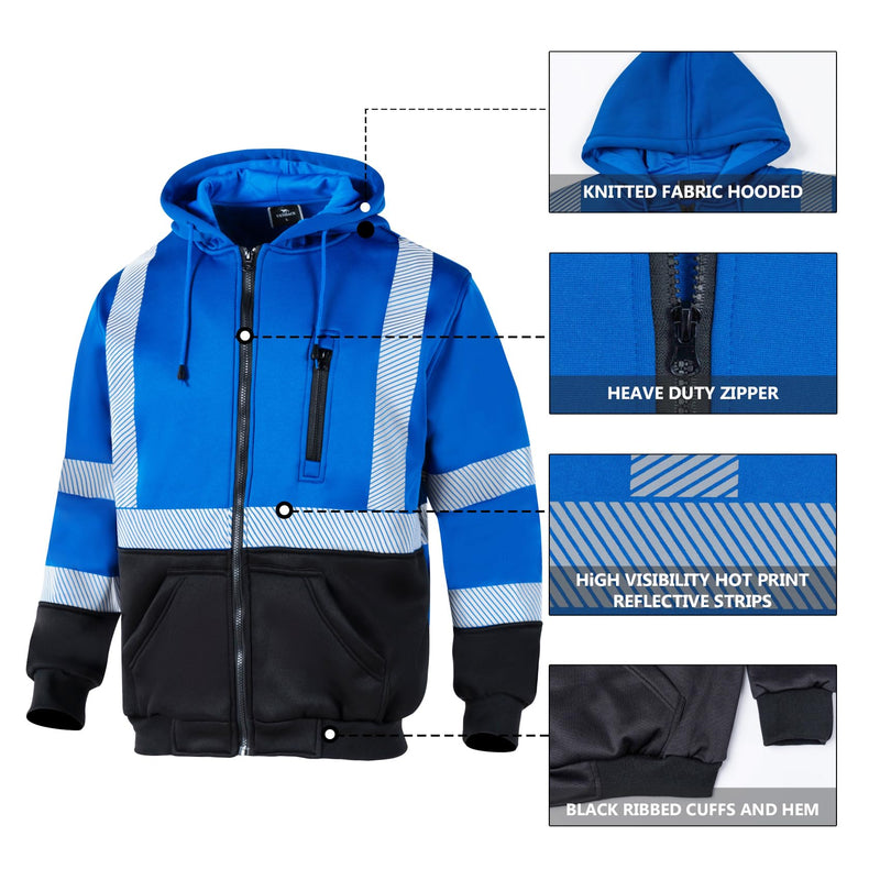 VENDACE High Visibility ANSI Class 3 Reflective Safety Fleece Sweatshirt Hoodie for Men Hi Vis Hoodies Zipper Jacket X-Large Royal Blue