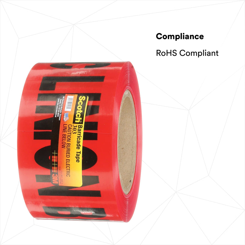 3M Buried Barricade Tape 303, with 'CAUTION BURIED ELECTRIC LINE BELOW' text, 3 in x 300 ft, Red, Warning Tape, Pack of 1 Roll