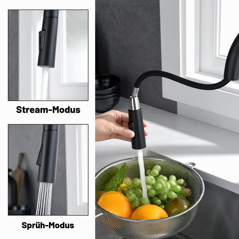 Extendable Kitchen Tap Shower Head Replacement Black 2-Way Function | Sparkling water mode and shower water mode with universal fit for all pull-out taps. Easy installation