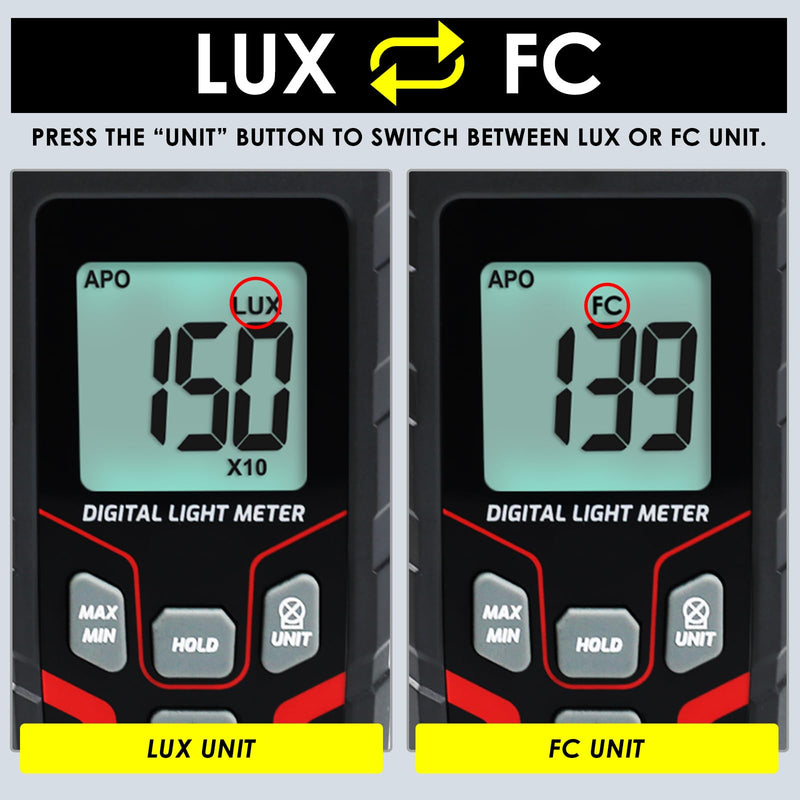 [Australia - AusPower] - Light Meter Illuminance LuxMeter Handheld Photometer LUX/FC Switchable Units 0.1 to 200,000 LUX and 0.01 to 20,000 FC with LCD Backlight for Indoor Outdoor Film Photography lumens 