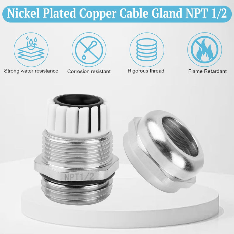[Australia - AusPower] - 4 Pcs NPT 1/2" Nickel-Plated Copper Waterproof Cable Gland, IP68 Waterproof Cable Gland Adjustable 6-12mm Cable Connectors 1/2" NPT 