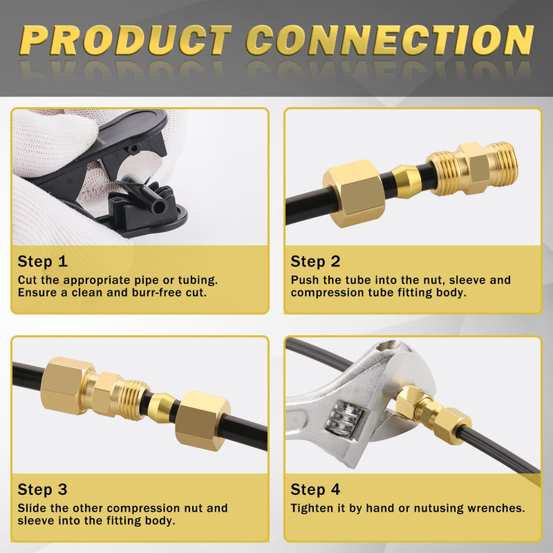 [Australia - AusPower] - Brass Tube Pipe Compression Fitting,1/4" Tube OD x 1/4" Tube OD Ice Maker Water Line Compression Union Connector Gas Tubing Compression Fitting 4Pcs 4Pcs 1/4" 