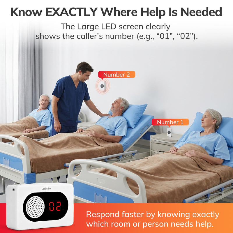 Umimile Caregiver Pager Wireless Call Button for Home, Nurse Alert with LED Display & Voice, 6 Buttons, 150m/500ft Range, 26 Ringtones, for Elderly Patient, Senior Care, Clinic & Nursing Home, White