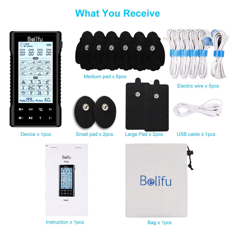 Belifu 4 Independent Channel TENS EMS Unit, 24 Modes,30 Level Intensity Muscle Stimulator Machine, Rechargeable Electric Pulse Massager with 10 Pads&5 Set Leads Wires, for Pain Relief Therapy(Black) Black